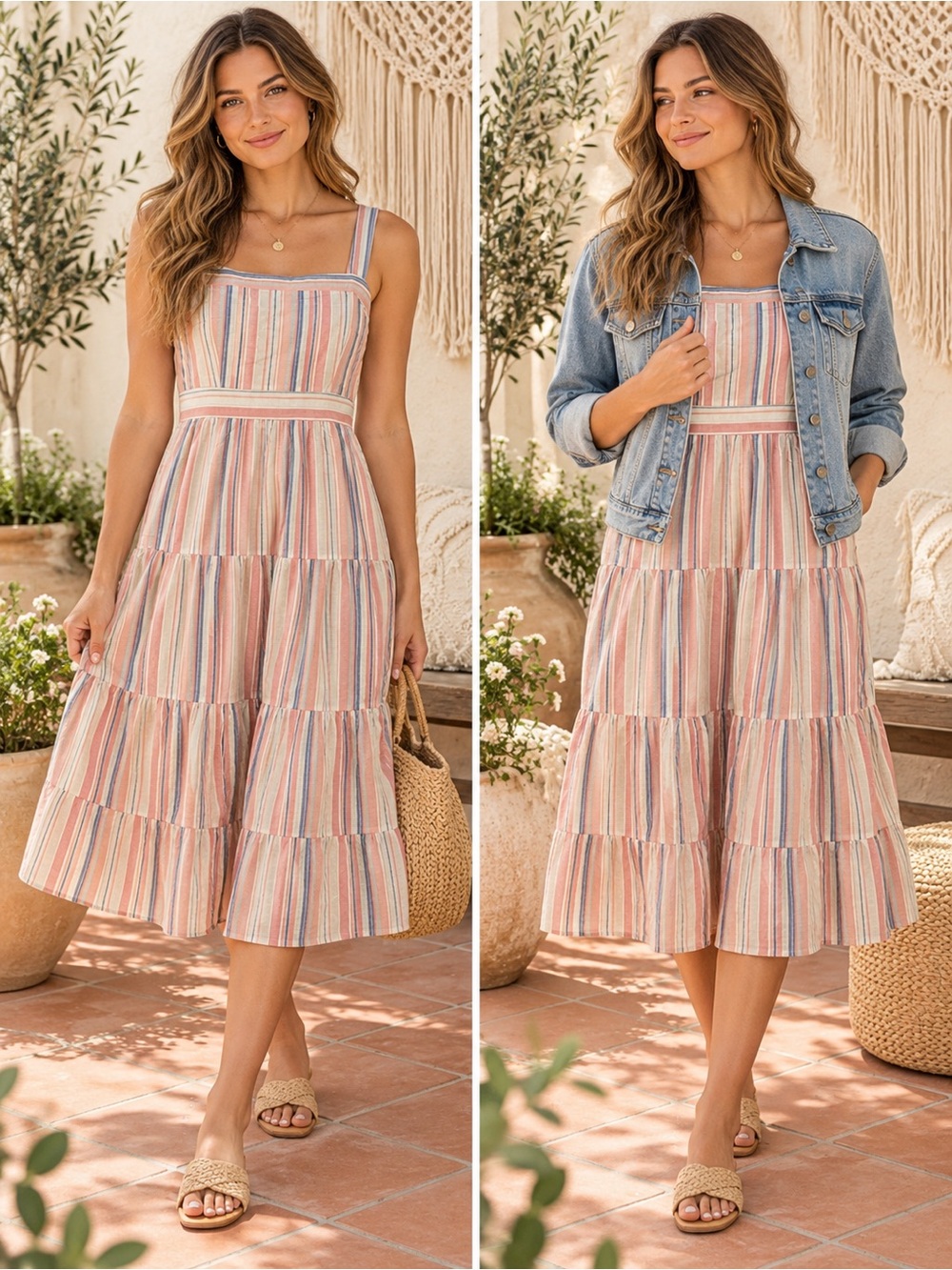 131 NWT Umgee Striped Pink and Blue Tiered Sundress Size Medium